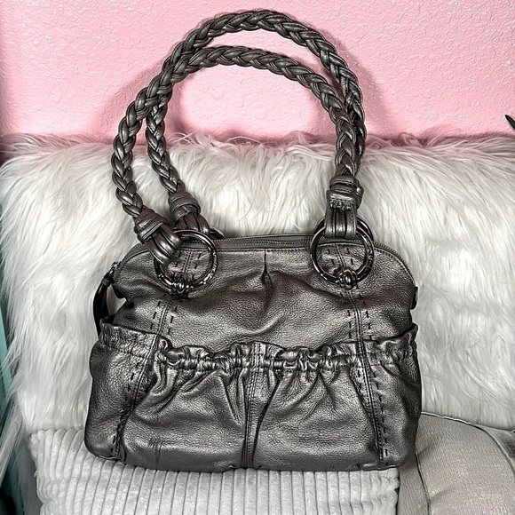 B. MAKOWSKI Pebbled Leather Hobo Bag A211928 Grey Pockets Braided Straps Classic - Picture 5 of 15